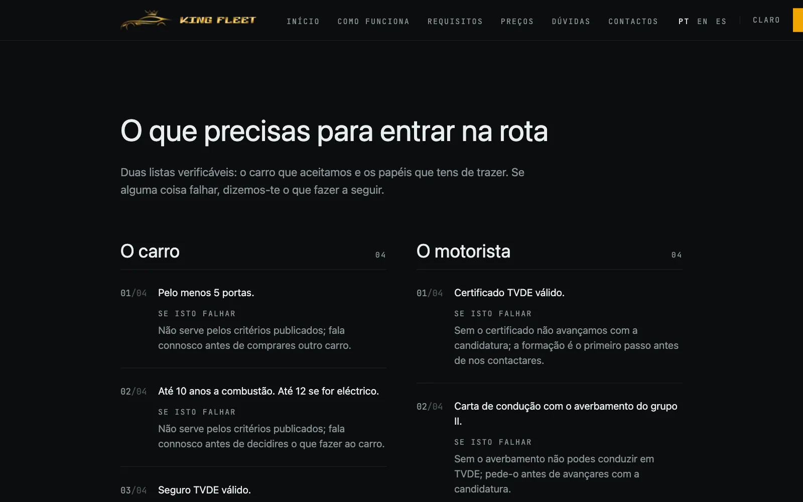 Requisitos, e o que fazer se falham