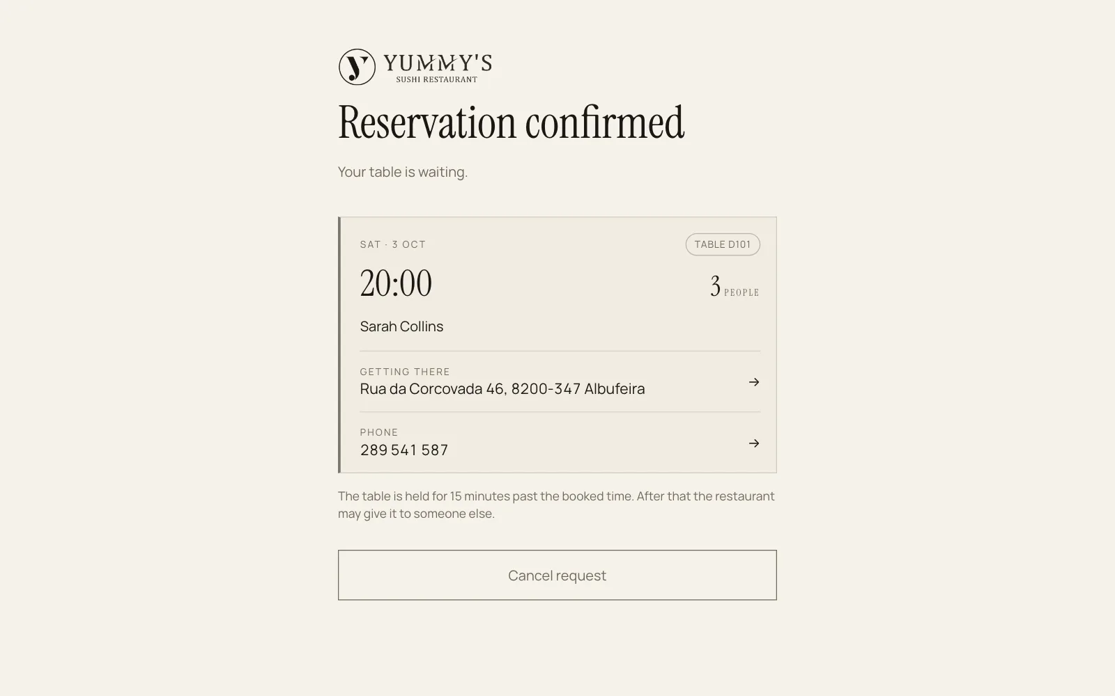 A página da reserva, do lado do cliente